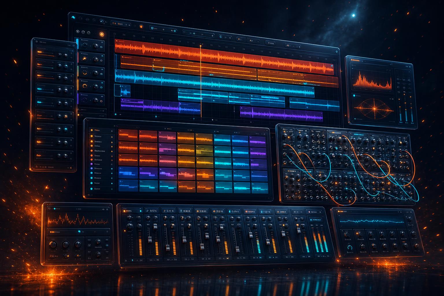 EDM Forge in-browser DAW — multitrack timeline, session clip launcher, and modular synth rack